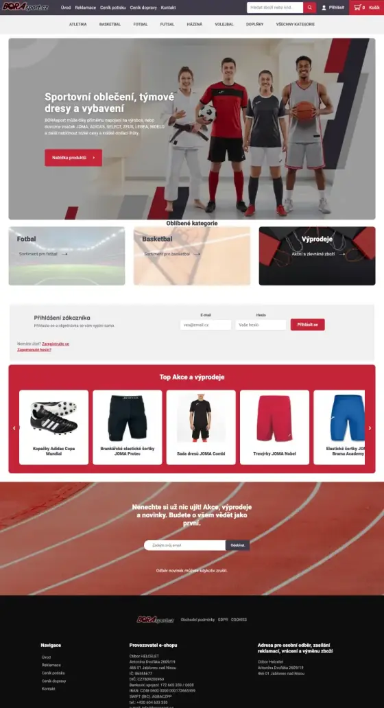 Náhled e-shopu BORAsport.cz se sportovním oblečením a dresy